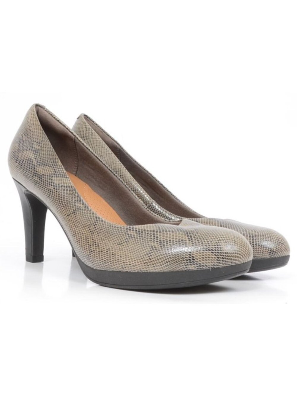 Clarks Collection Womens 10B Taupe Python Leather Platform Pumps Business Office